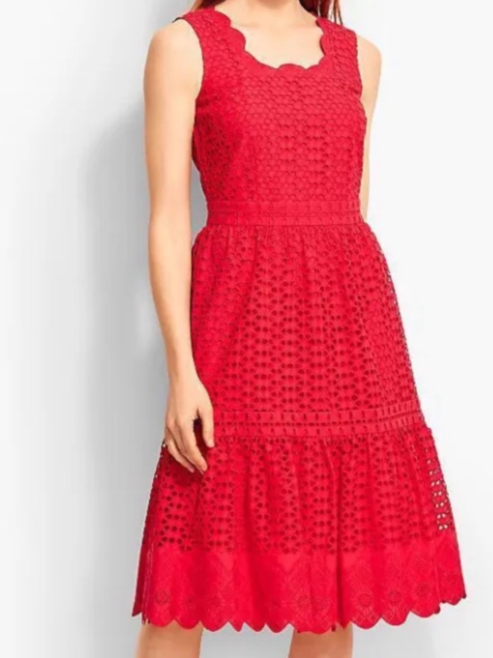 Talbots Eyelet Midi Dress Womens 4 Red Tiered Scalloped Cotton Sleeveless
